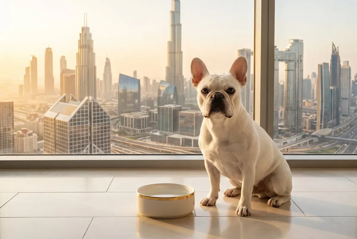 French Bulldog history, the breed today, a white adult sitting by a water bowl, the Dubai skyline behind
