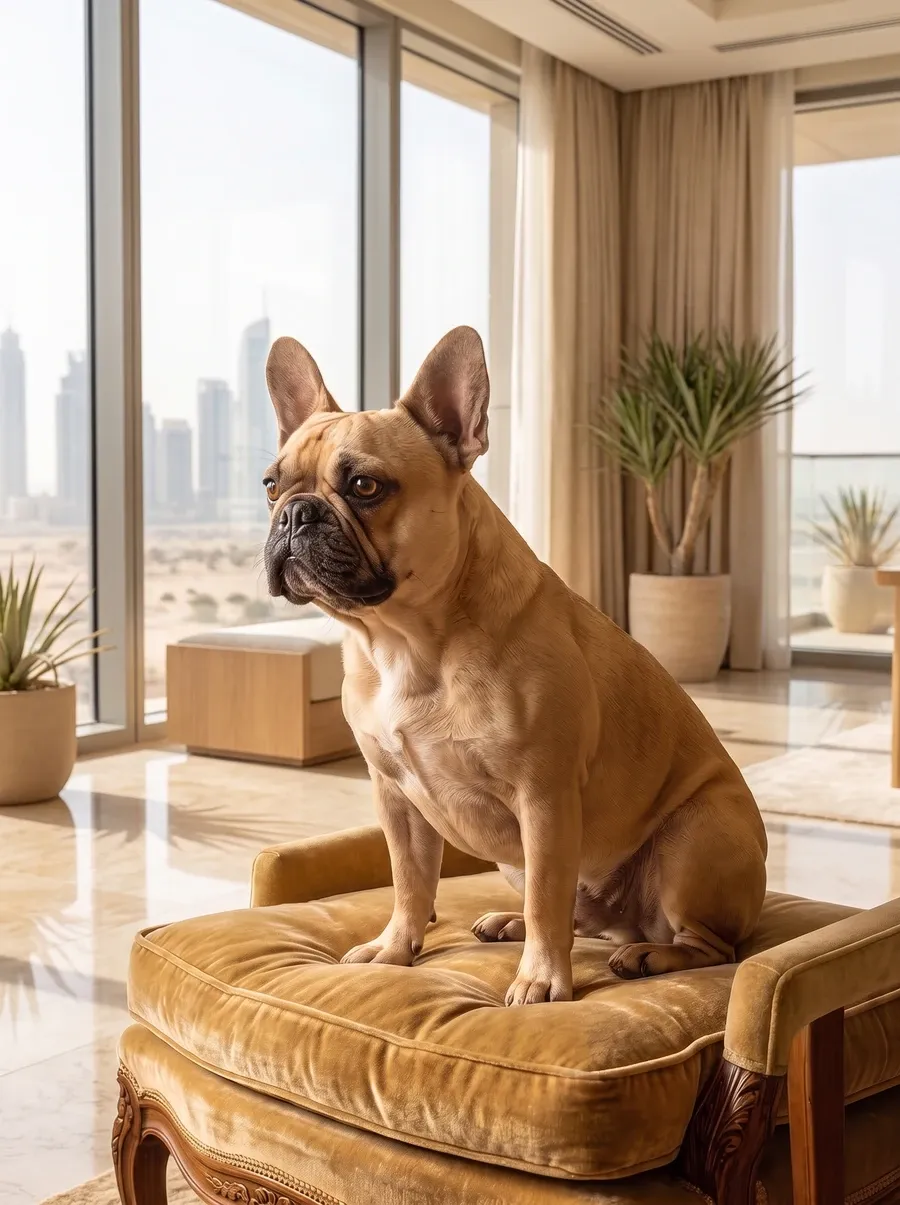 French Bulldog in Dubai, a fawn adult on a velvet armchair by a tall window, the skyline behind