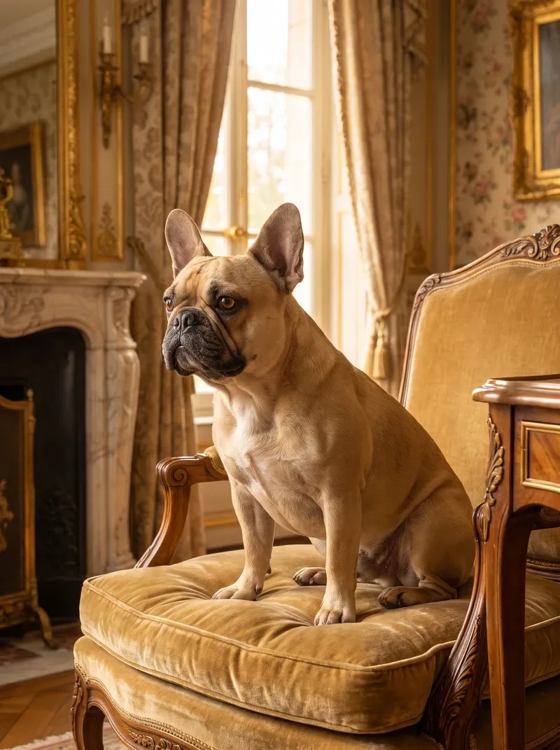 French Bulldog, a fawn adult sitting on a gilded velvet armchair by a fireplace in an old salon