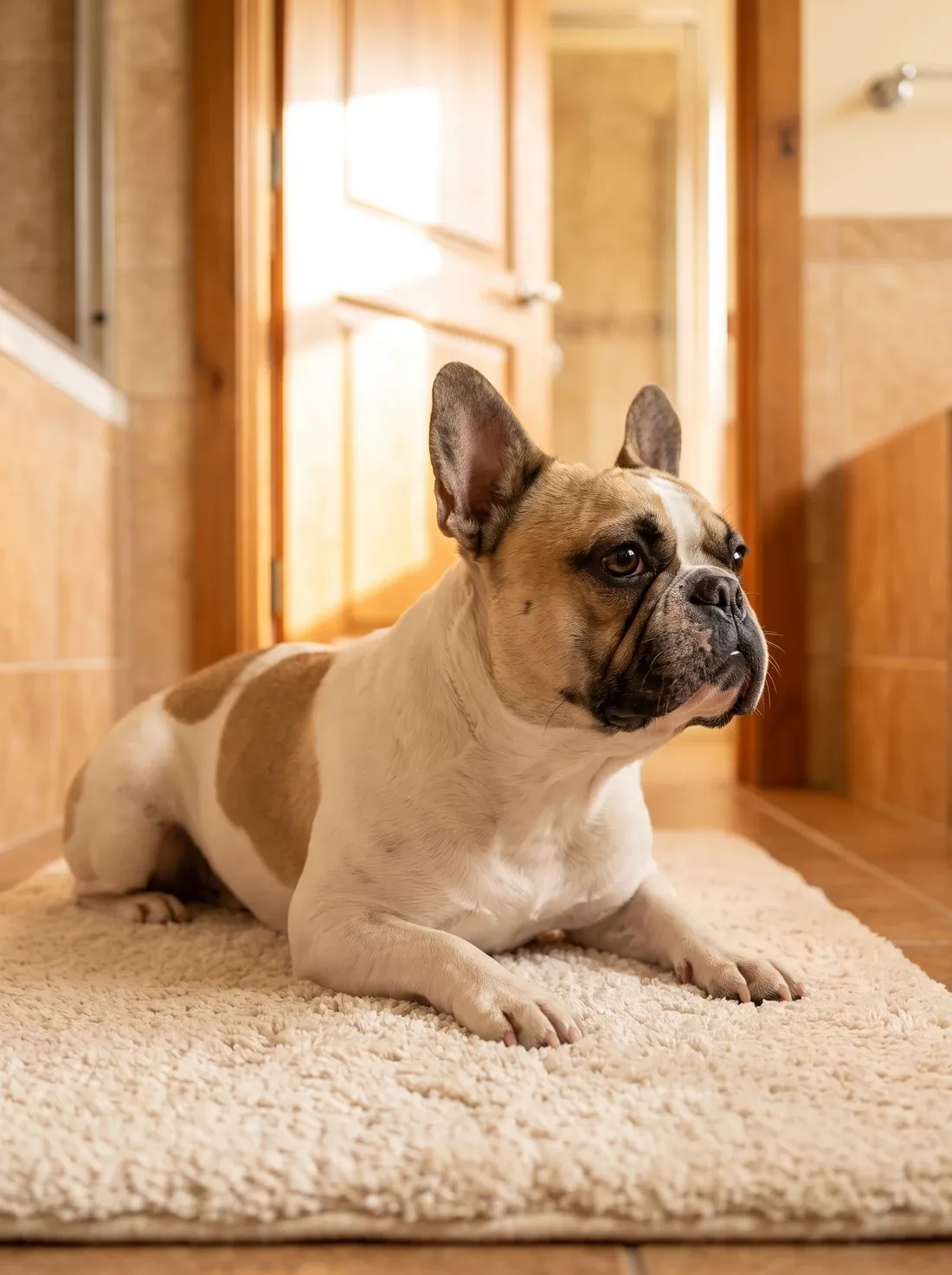 French Bulldog, a pied adult lying on a bath mat by an open bathroom door, keeping watch