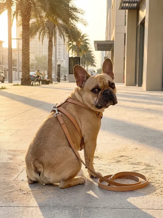 French Bulldog in Dubai, a fawn adult in a harness sitting on a shaded pavement lined with palms at dawn