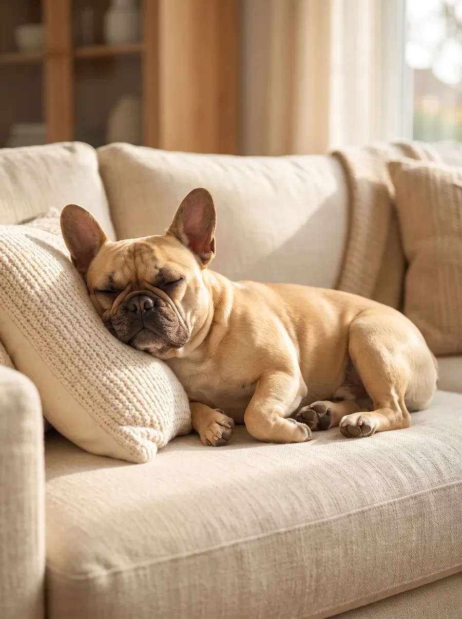 French Bulldog, a fawn adult asleep on a linen sofa, chin propped on a knitted cushion
