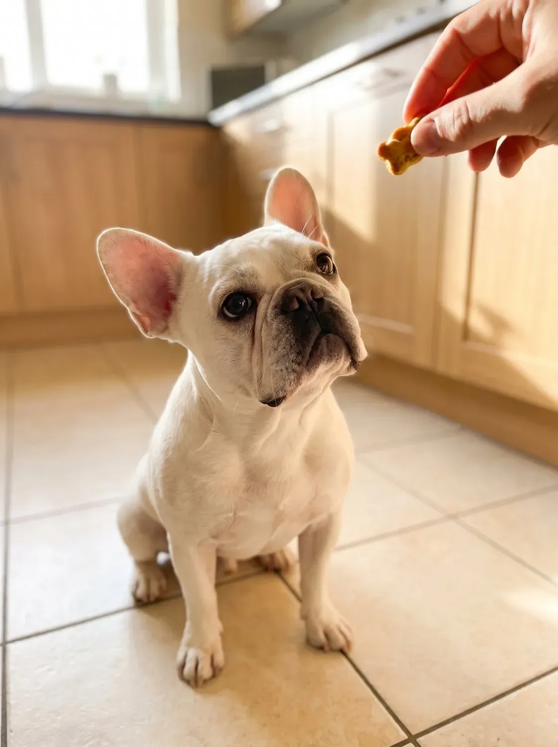 French Bulldog, a white adult sitting on a kitchen floor, eyeing a hand holding a treat