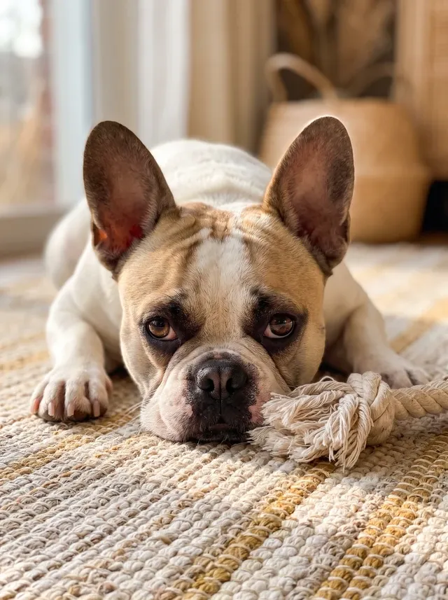 French Bulldog, a pied adult lying flat on a woven rug beside a rope toy after play