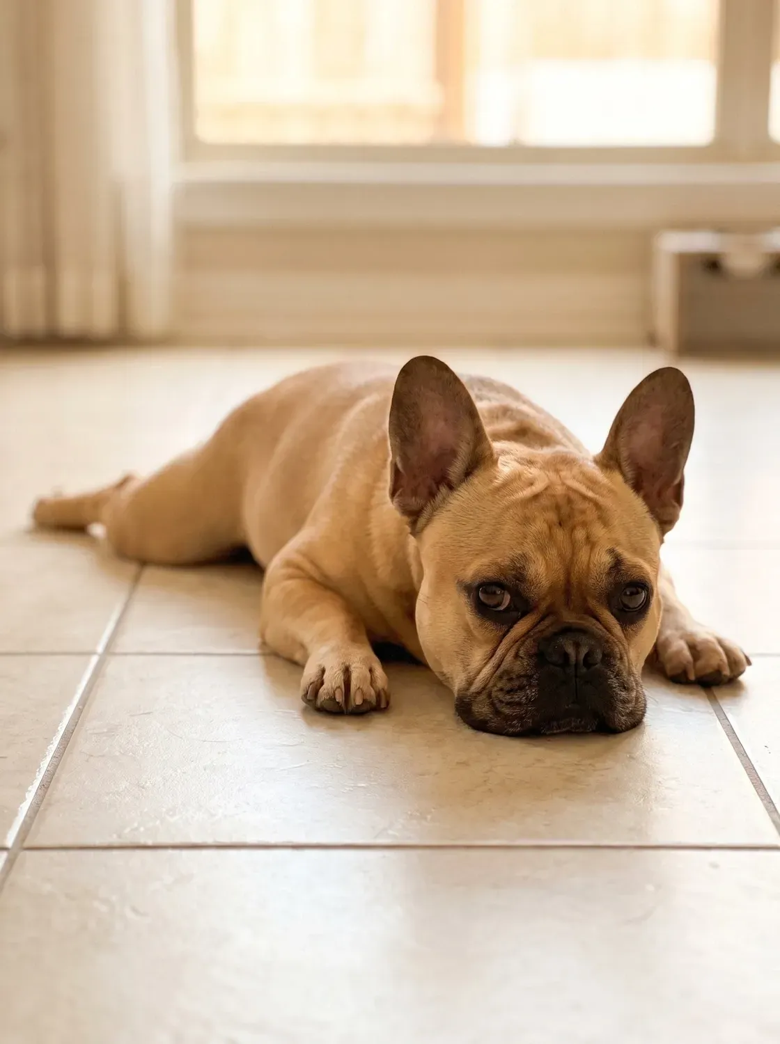 French Bulldog, a red fawn adult lying belly down on cool floor tiles at home