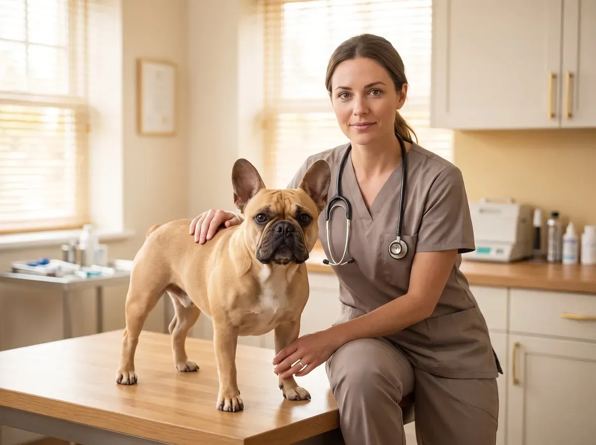 French Bulldog, a fawn adult standing on a consulting table, a vet in taupe scrubs with a hand on the dog's back