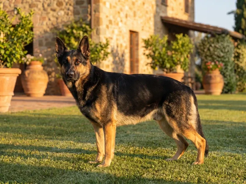 German Shepherd Dog, a black and tan adult standing side-on on a villa lawn in soft morning light