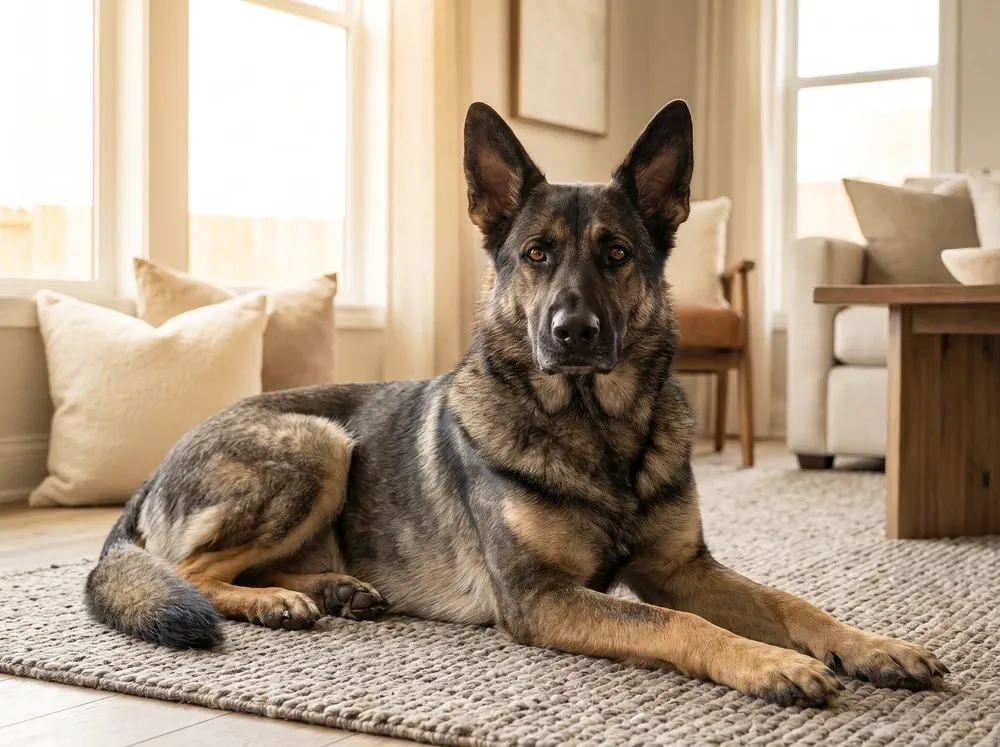 German Shepherd Dog, a sable adult lying head up on a woven rug in a bright room