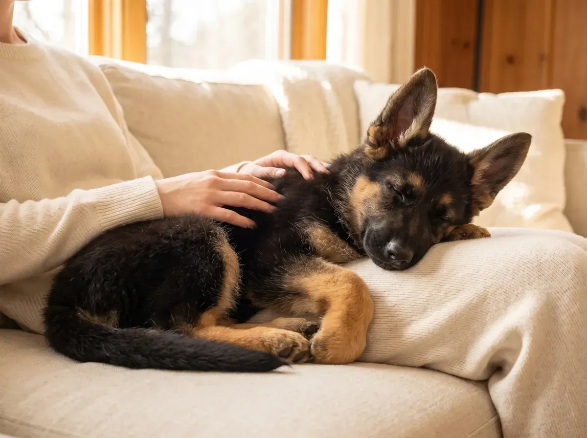 German Shepherd Dog, a black and tan puppy asleep in a pet parent's lap on the sofa