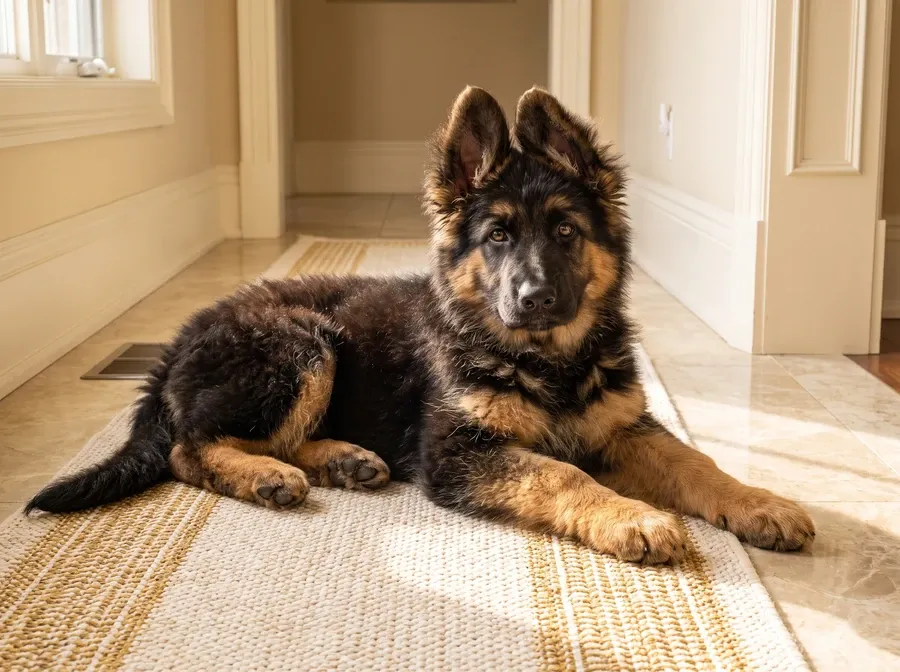 German Shepherd Dog, a long-coated puppy lying on a runner in a bright marble hallway