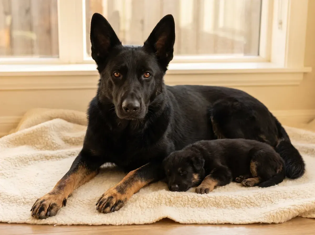 German Shepherd Dog, a black mother lying on a fleece blanket beside a sleeping puppy