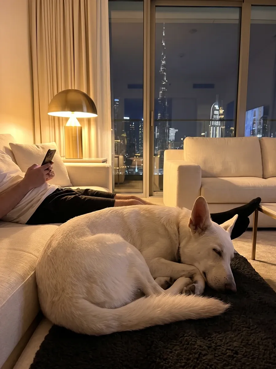 German Shepherd Dog in Dubai, a white adult asleep on a dark rug as a pet parent reads a phone, Burj Khalifa behind