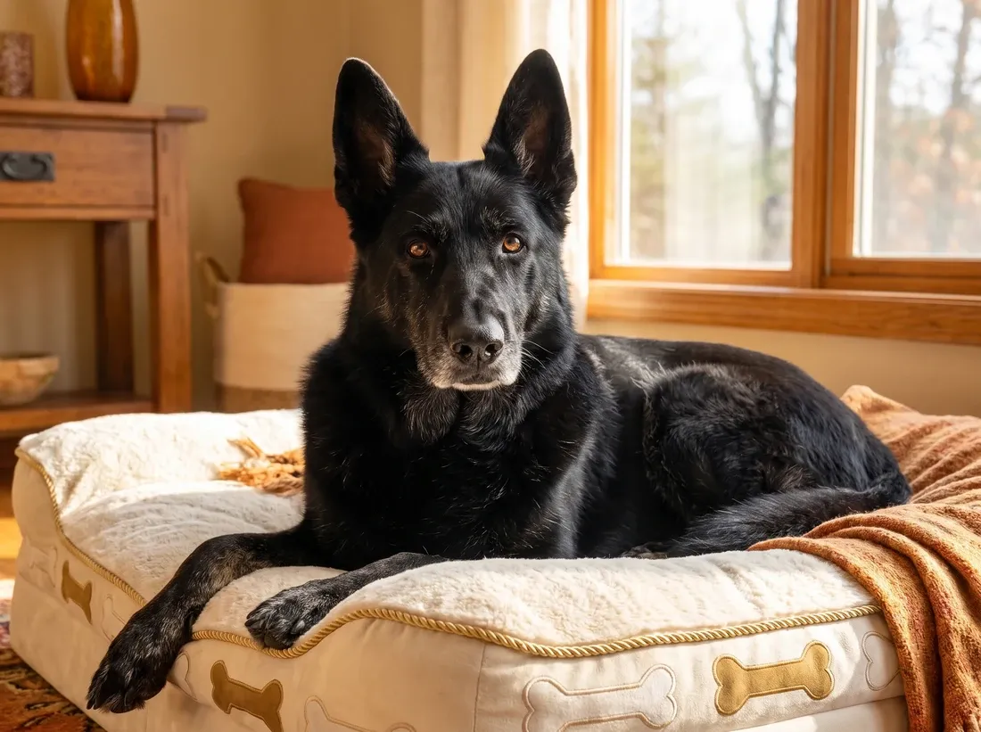 German Shepherd Dog, an older black dog with a greying muzzle resting on a thick, soft bed