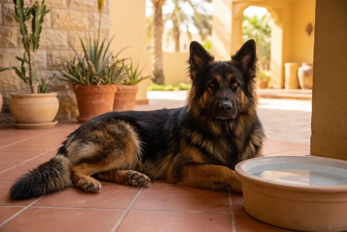German Shepherd Dog history, the breed today, a long-coated adult lying on a Dubai villa terrace by a water bowl