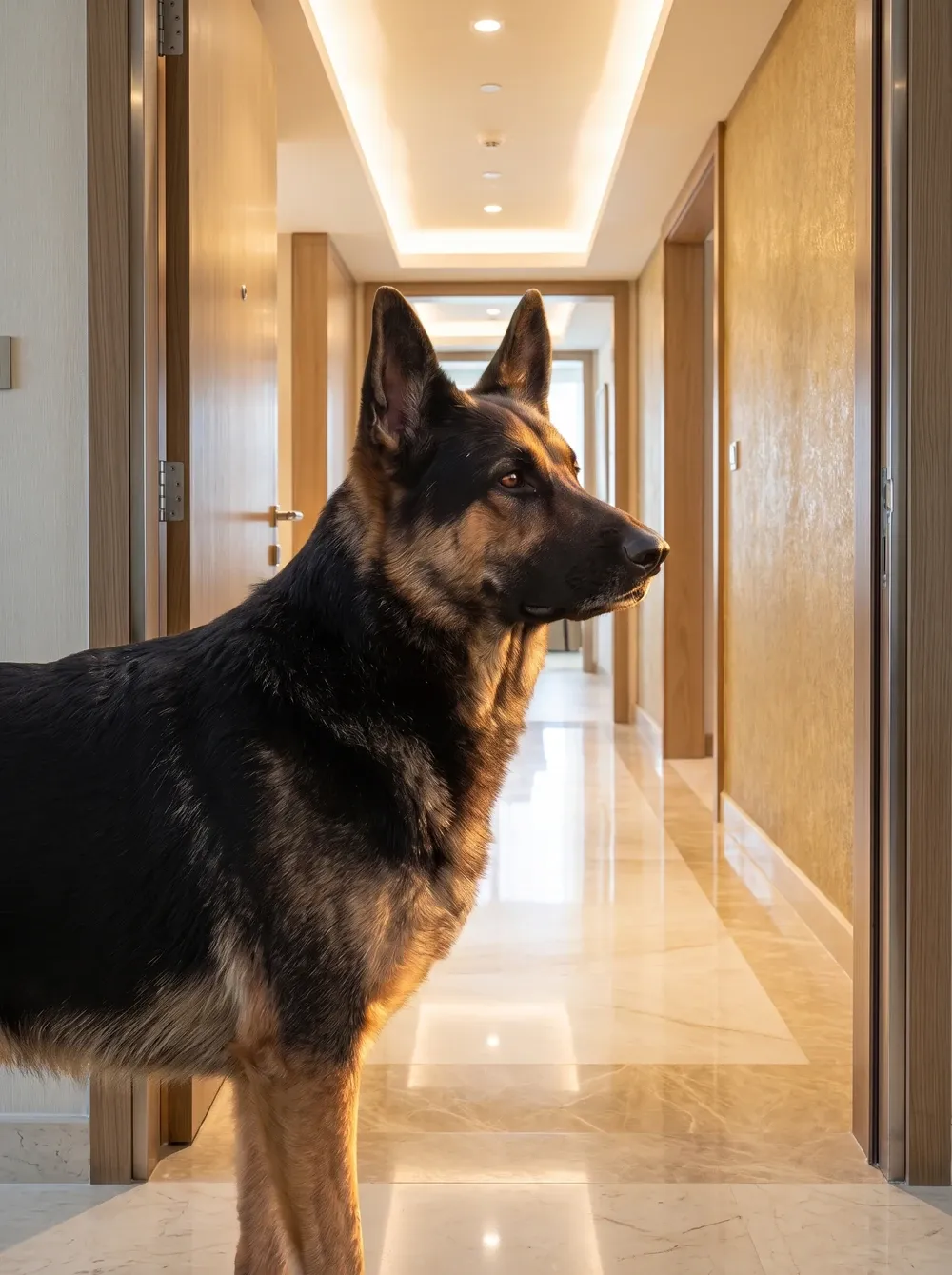 German Shepherd Dog, a black and tan adult standing in a long marble corridor of an apartment building