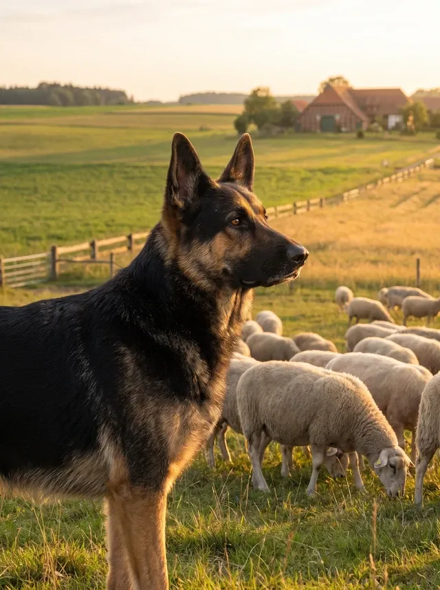 German Shepherd Dog, a black and tan adult watching over grazing sheep on green farmland at sunset
