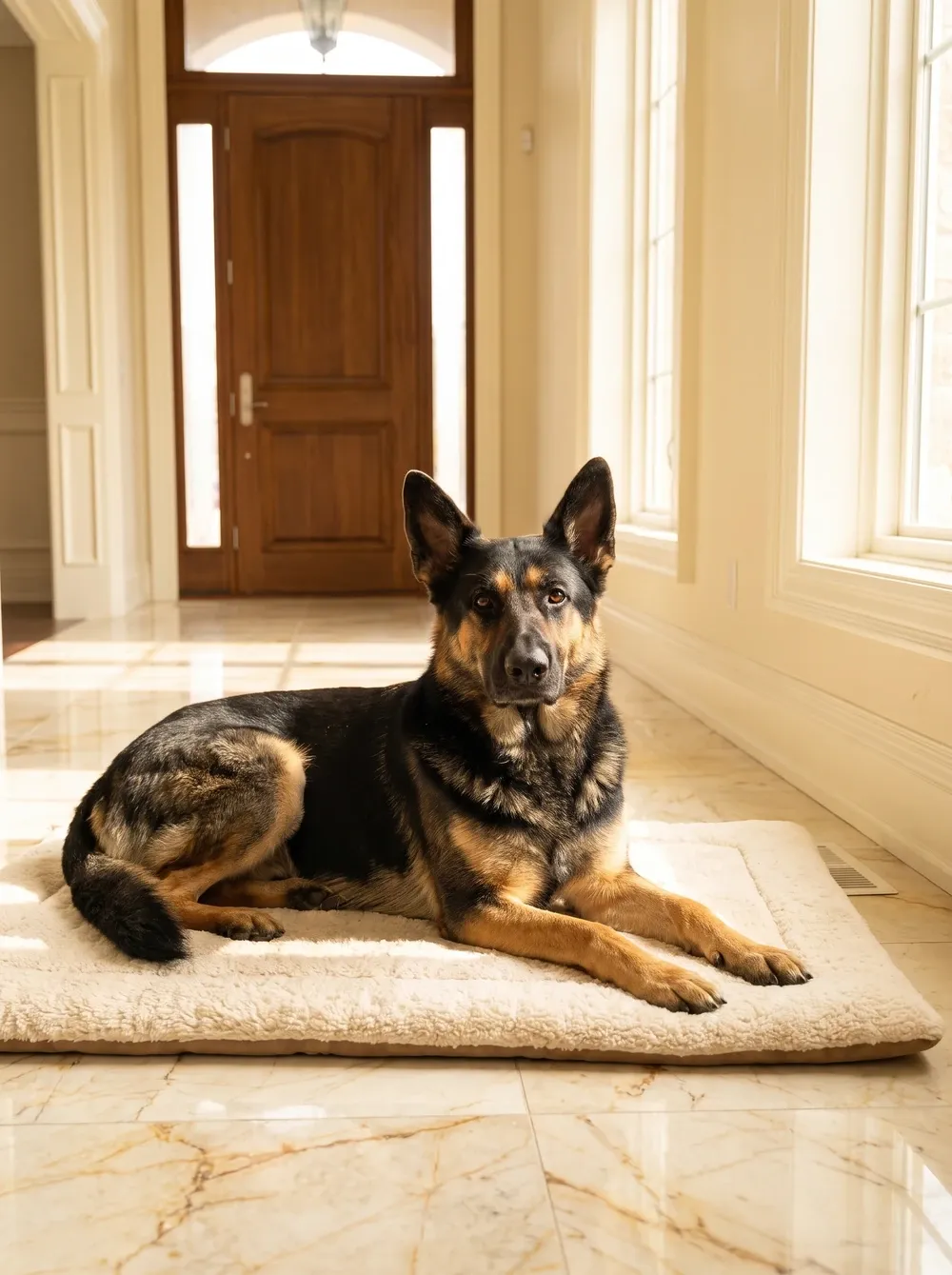 German Shepherd Dog, a black and tan adult lying on a fleece mat in a bright marble hallway by the front door