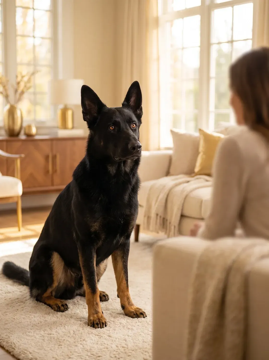 German Shepherd Dog, a black adult with tan legs sitting calmly in a living room as a guest relaxes nearby