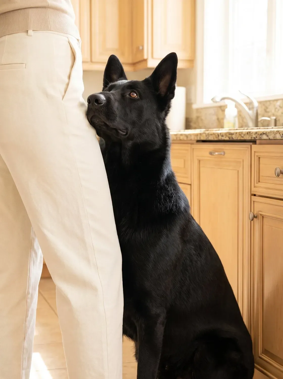 German Shepherd Dog, a black adult leaning against a pet parent's legs in a sunny kitchen, looking up