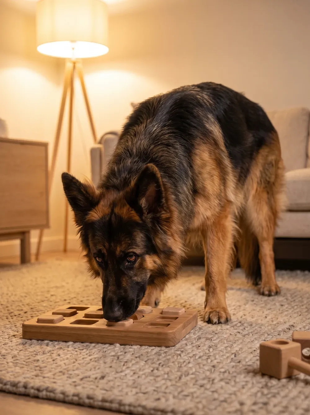 German Shepherd Dog, a long-coated adult nosing a wooden puzzle feeder on a rug in the evening