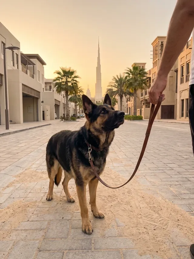 German Shepherd Dog in Dubai, a black and tan adult on a loose lead on a palm-lined street, Burj Khalifa behind