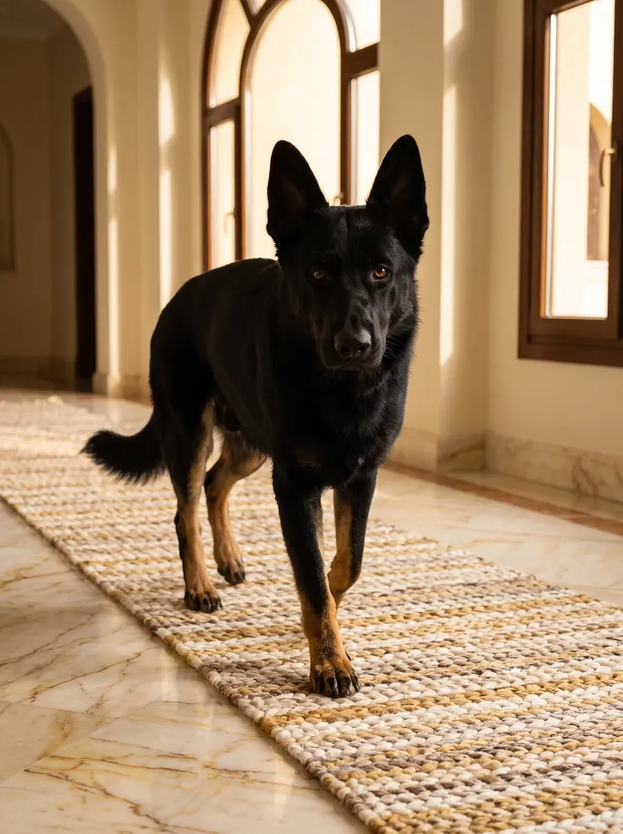 German Shepherd Dog, a black adult with tan legs walking along a runner on a marble villa floor