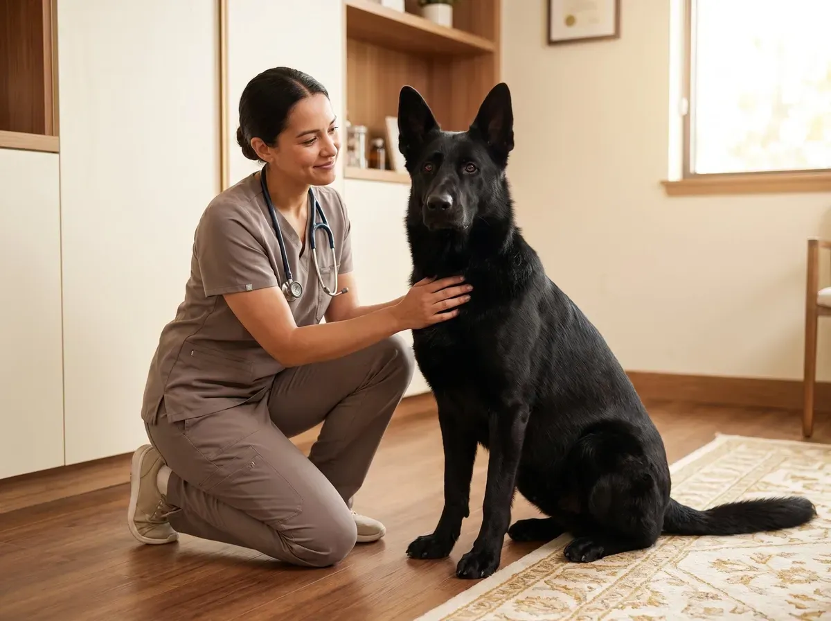 German Shepherd Dog, a black adult sitting as a vet in taupe scrubs kneels alongside, a hand on the dog's chest