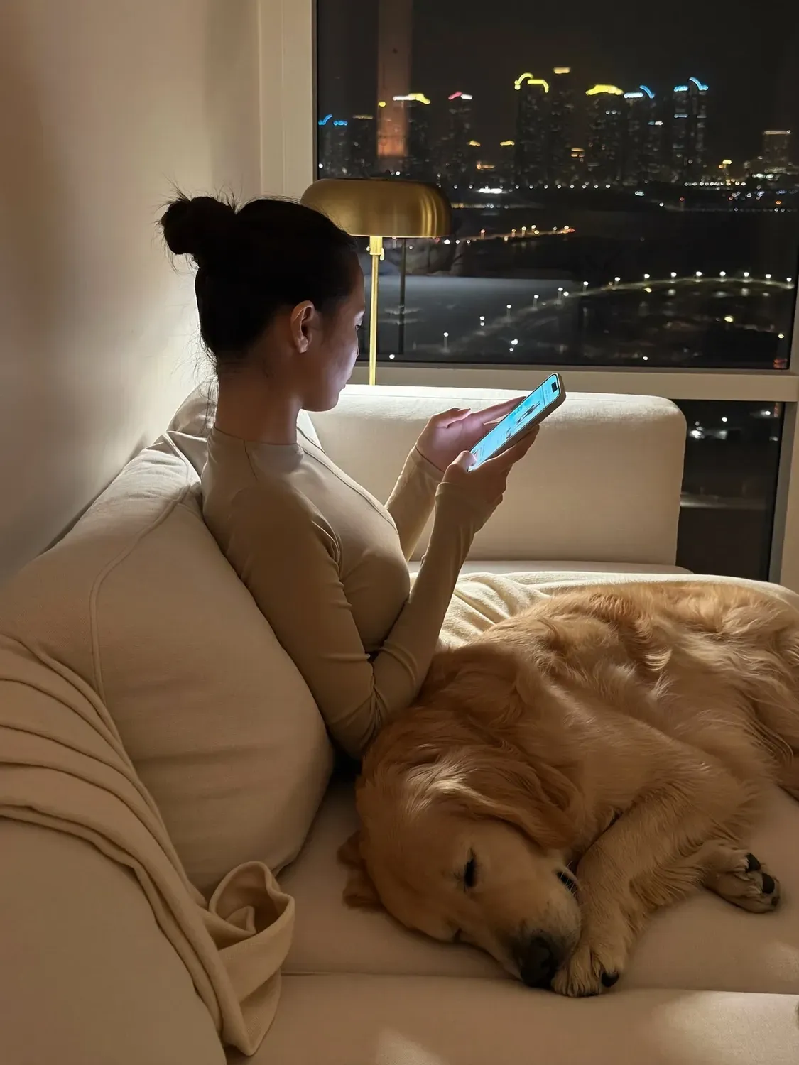 Golden Retriever in Dubai, asleep beside a pet parent reading a phone on the sofa at night, city lights behind