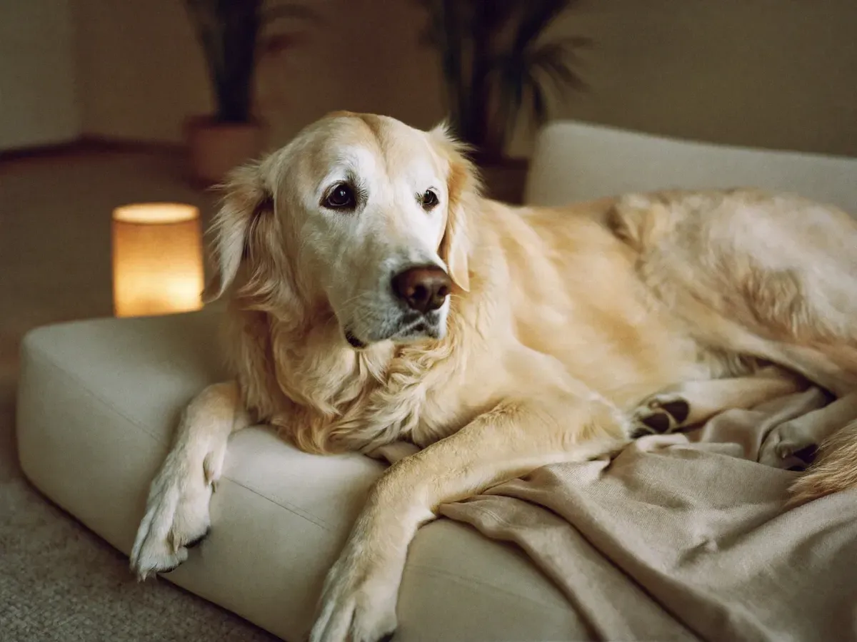 Golden Retriever, an older dog with a pale face resting on a cushioned bed