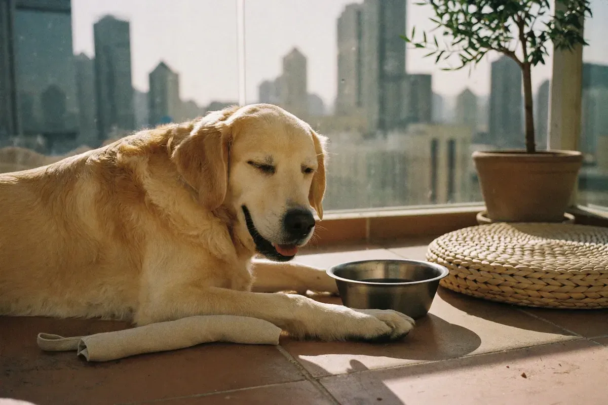 Golden Retriever history, the breed today, an adult lying on a Dubai balcony beside a water bowl