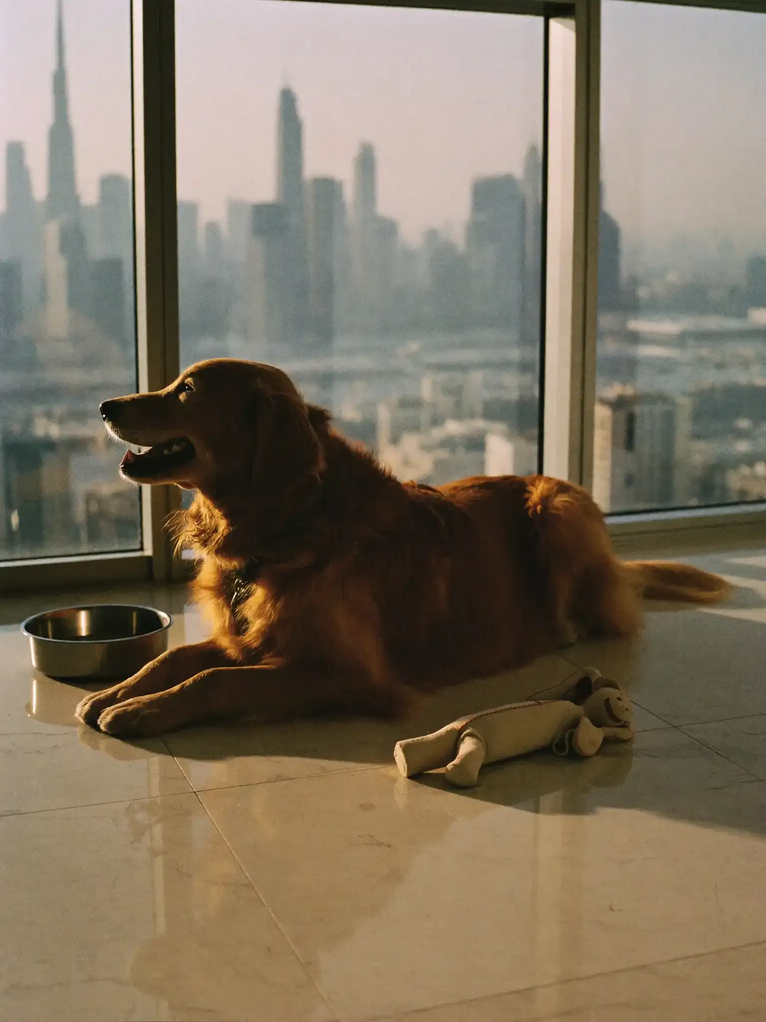 Golden Retriever in Dubai, a red-gold adult lying on a marble floor by a window over the skyline