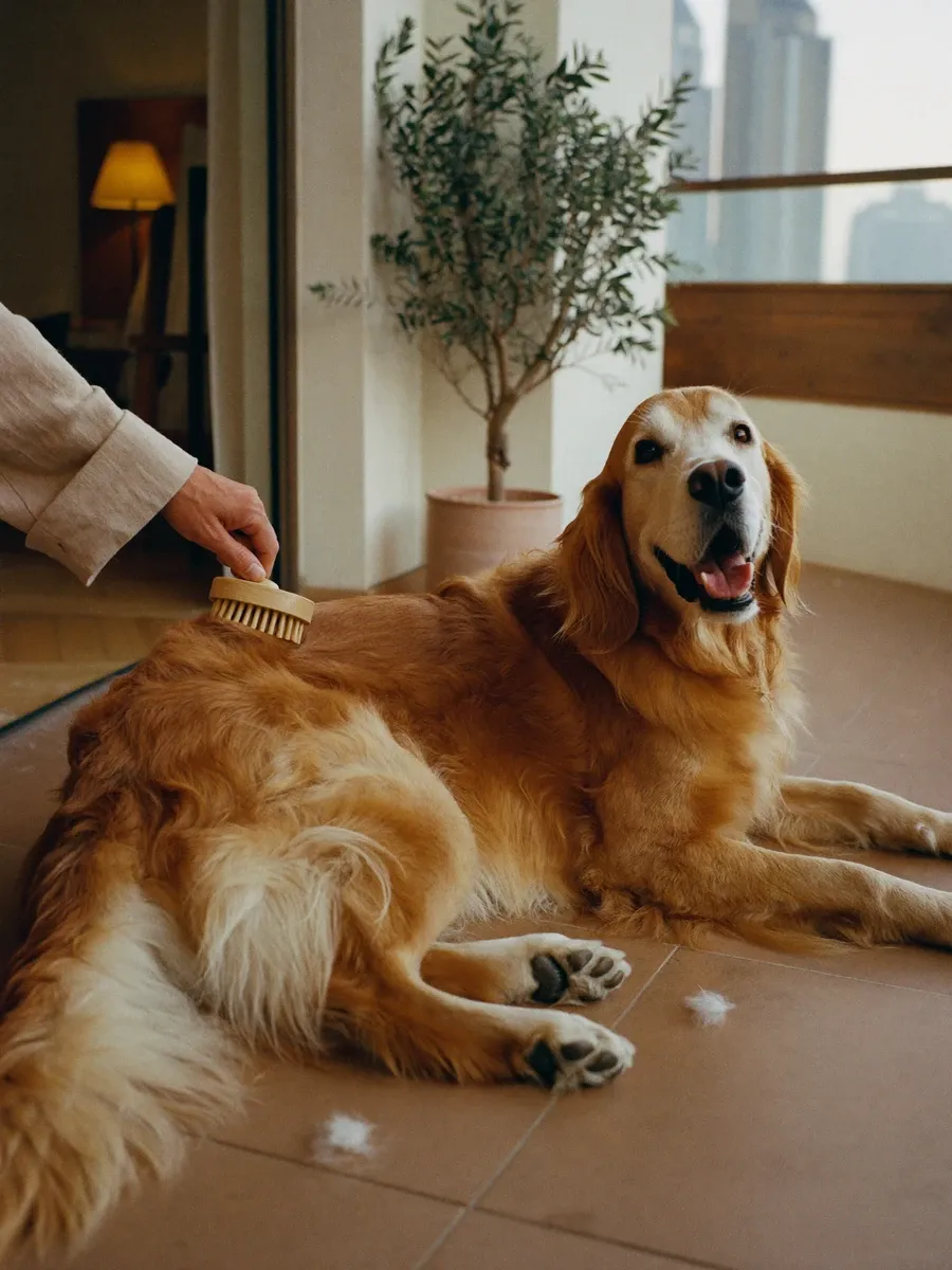 Golden Retriever in Dubai, a pet parent brushing the dog's coat on a balcony, the skyline behind