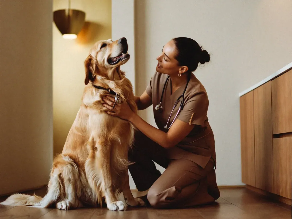 Golden Retriever, an adult sitting as a vet in taupe scrubs kneels alongside, a hand on the dog's chest