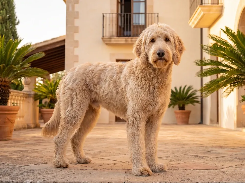 Goldendoodle, a tall light gold standard standing on a stone villa terrace in the evening