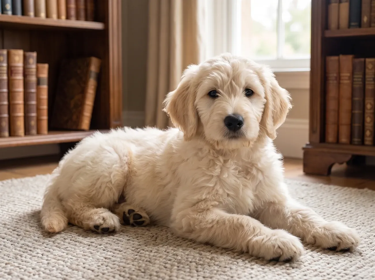 Goldendoodle, a pale cream puppy lying on a stone-coloured rug in a study