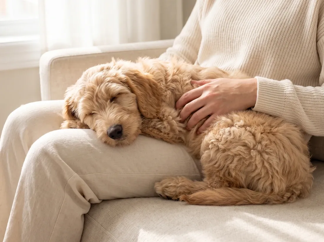 Goldendoodle, a puppy asleep in a pet parent's lap on a linen sofa