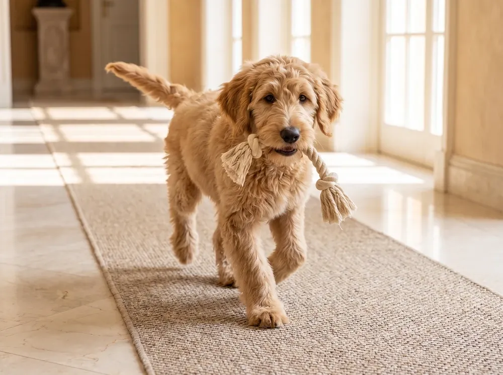 Goldendoodle, a gold puppy carrying a rope toy along a runner on a marble floor