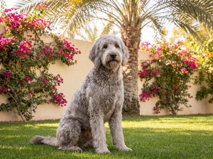 Goldendoodle in Dubai, a silver standard sitting on a villa lawn under a date palm and bougainvillea