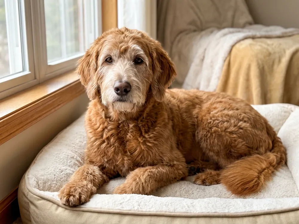 Goldendoodle, an older deep gold standard with a greying muzzle resting on a cushioned bed