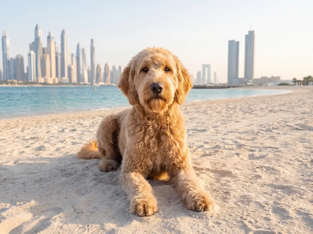 Goldendoodle history, the cross today, an apricot adult lying on a beach with towers behind, Dubai, 2026