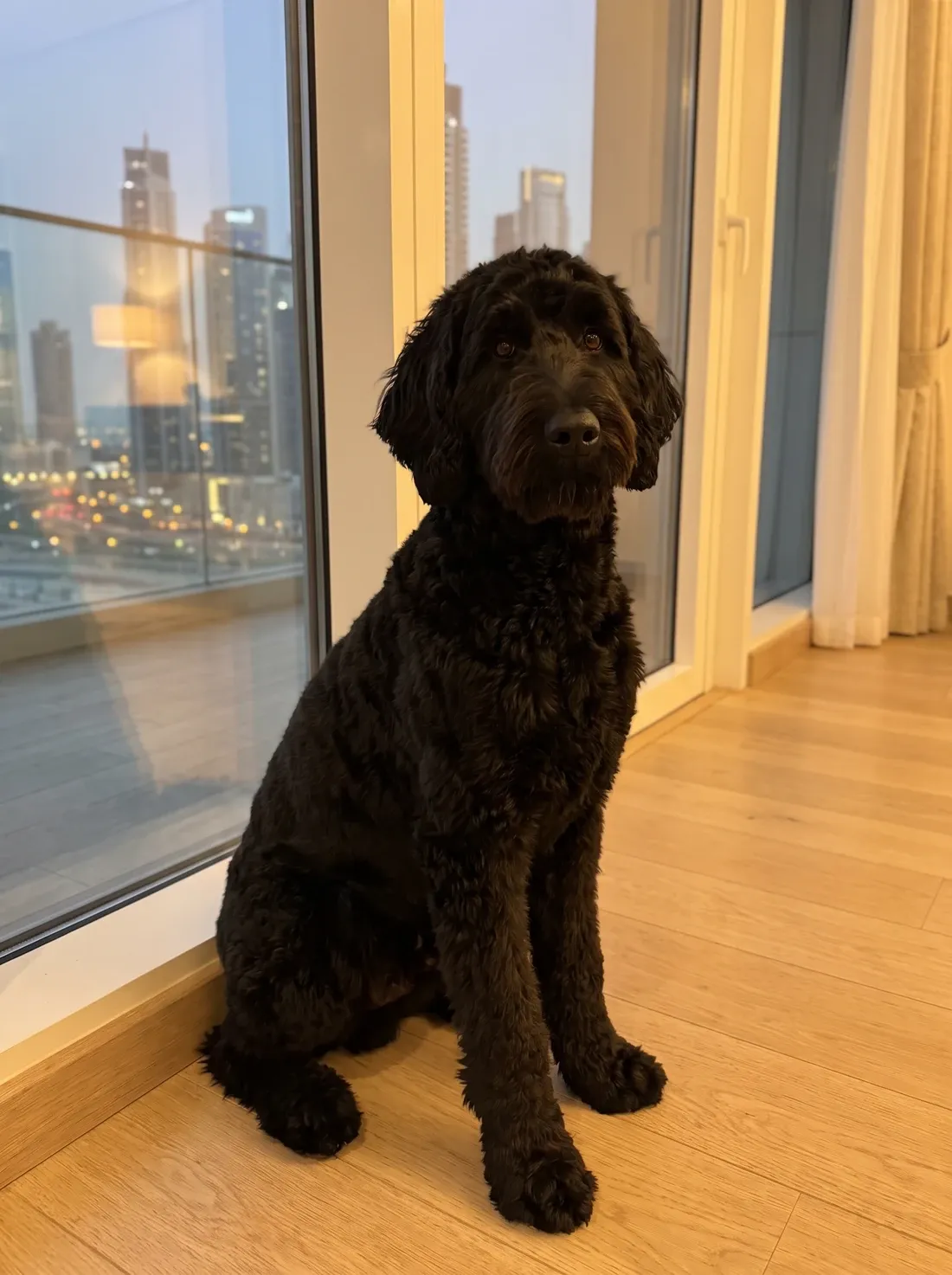 Goldendoodle in Dubai, the same black standard sitting by a flat window with city towers behind