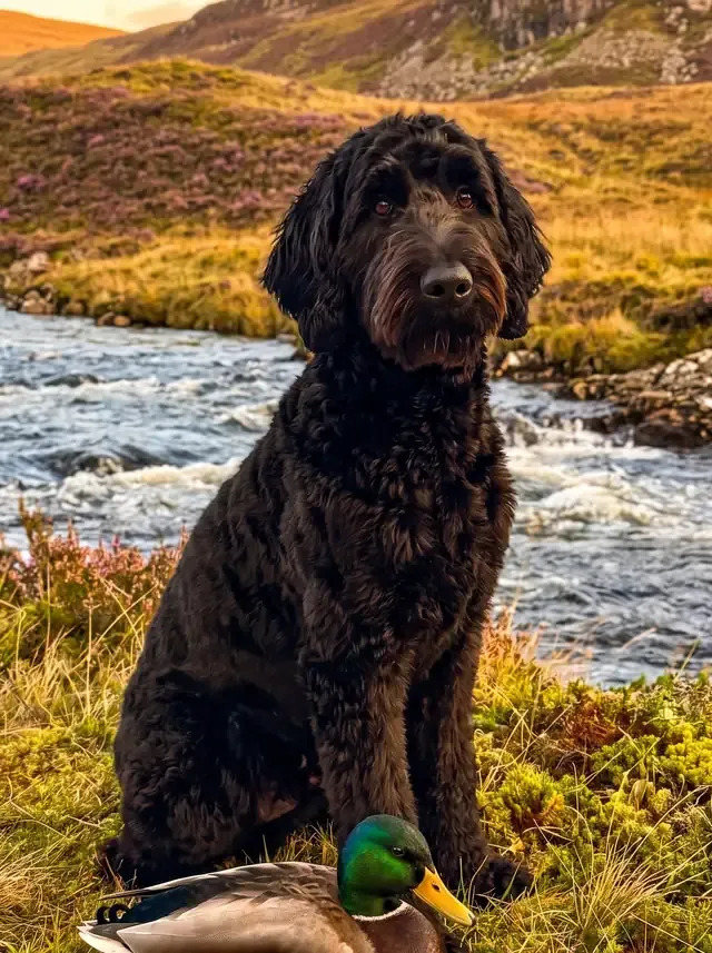 Goldendoodle, a black standard sitting on a Highland riverbank in Scotland beside a mallard