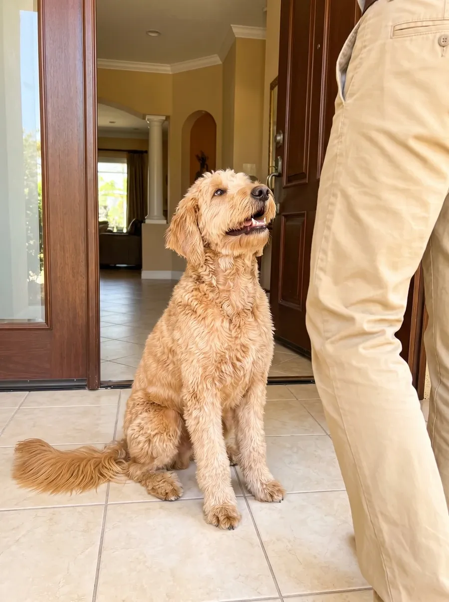 Goldendoodle, a gold standard sitting by an open front door as a guest steps in