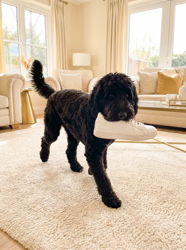 Goldendoodle, a black mini trotting across a living room rug with a white trainer in their mouth
