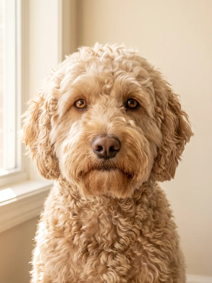 Goldendoodle, close-up of a café au lait mini's curly face with eyebrows and a beard
