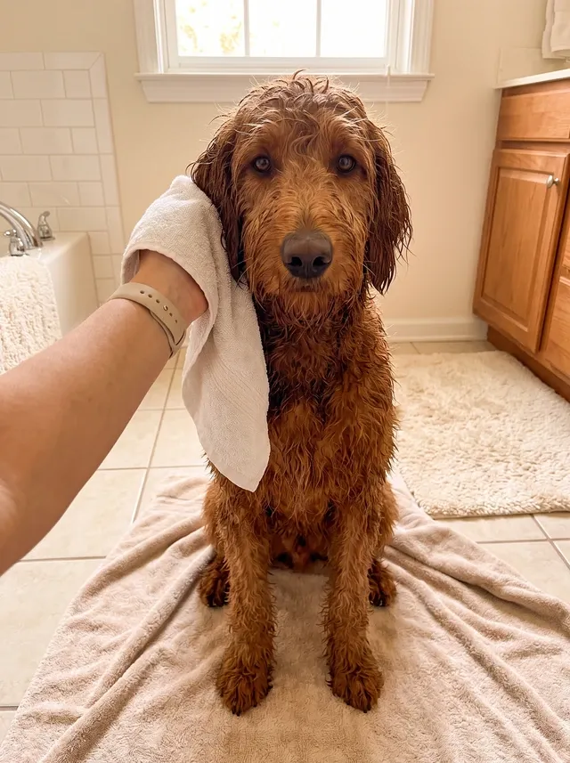 Goldendoodle, a damp deep gold standard on a bathroom towel while a hand dries one ear