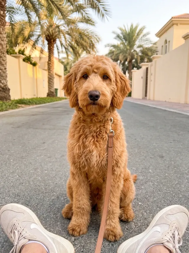 Goldendoodle in Dubai, a young apricot mini sitting on a palm-lined villa street, lead in hand