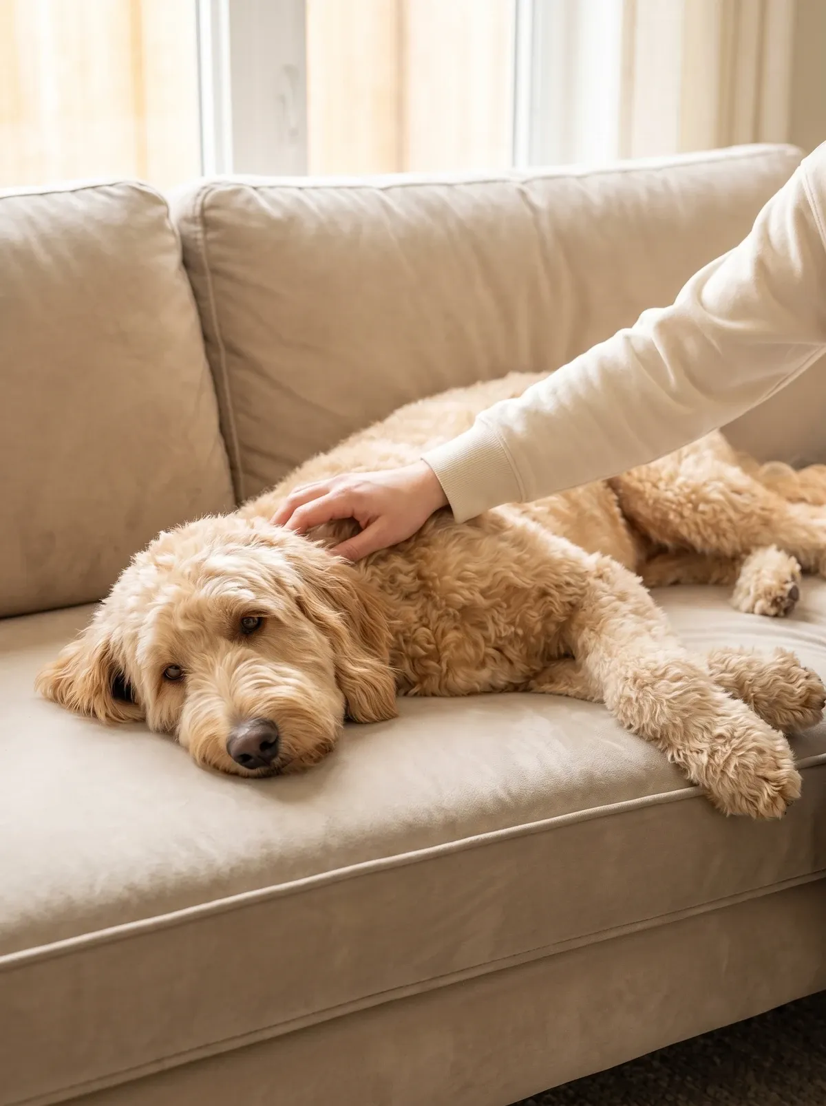 Goldendoodle, a light gold standard lying along a sofa while a pet parent's hand strokes their coat
