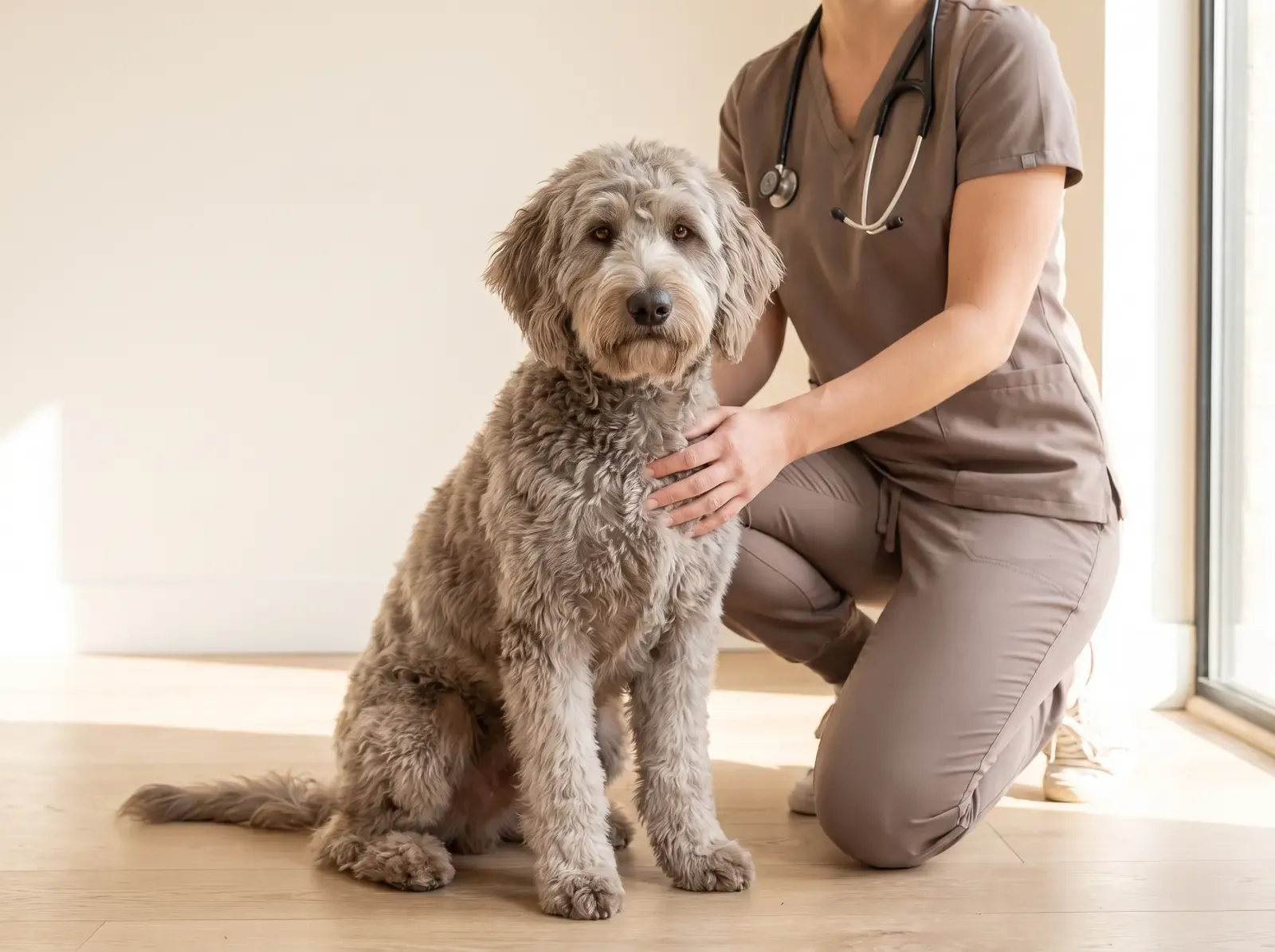 Goldendoodle, a calm silver mini with a vet in taupe scrubs kneeling beside them