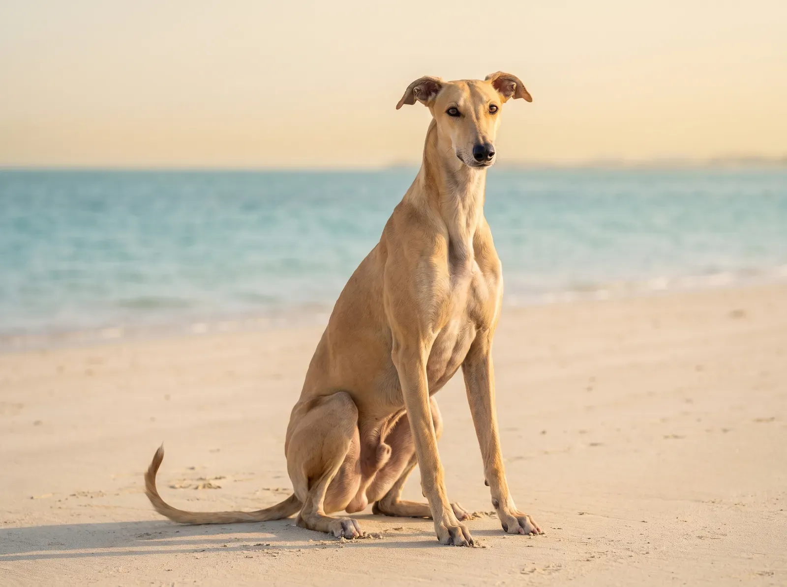 Greyhound, a fawn adult sitting on pale sand by a calm sea in soft morning light